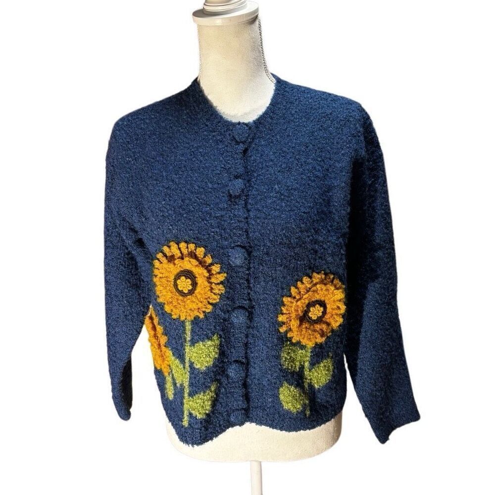 Belle Pointe Vintage Blue Cardigan Sweater with 3D Sunflower Embellishments